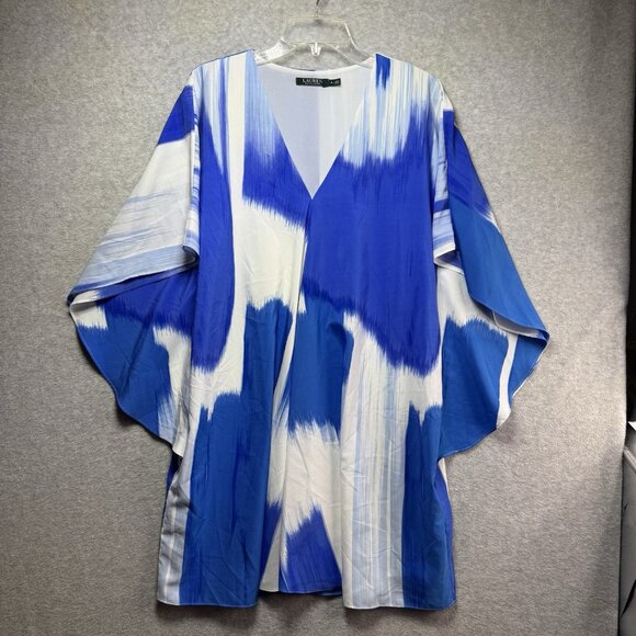 Lauren Ralph Lauren Cover-up Women M Resort Tunic Kaftan Dress Kimono Blue White - Picture 1 of 6